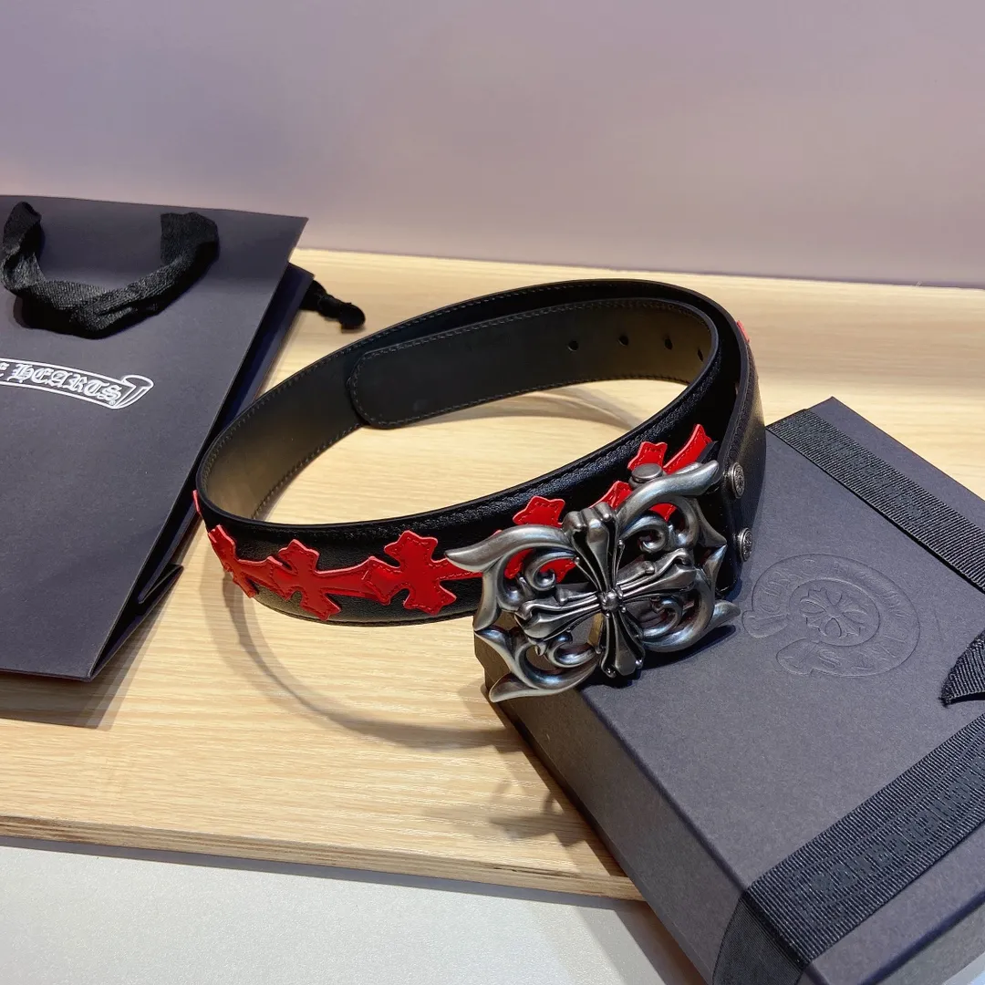 𝐂𝐡𝐫𝐨𝐦𝐞𝐇𝐞𝐚𝐫𝐭𝐬 Crow Heart double-sided tree plaster leather stitched cross belt (detachable version), high-quality hardware, with 2 logo buckles on the belt, very cool.